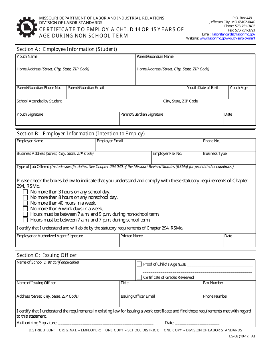 Form LS-68 Certificate to Employ a Child 14 or 15 Years of Age During Non-school Term - Missouri, Page 1