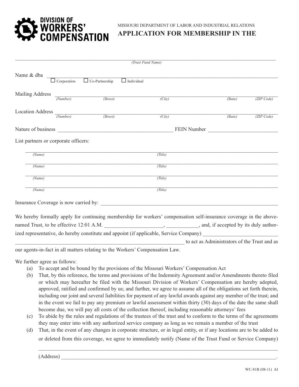 Form WC-81B Application for Membership - Missouri, Page 1