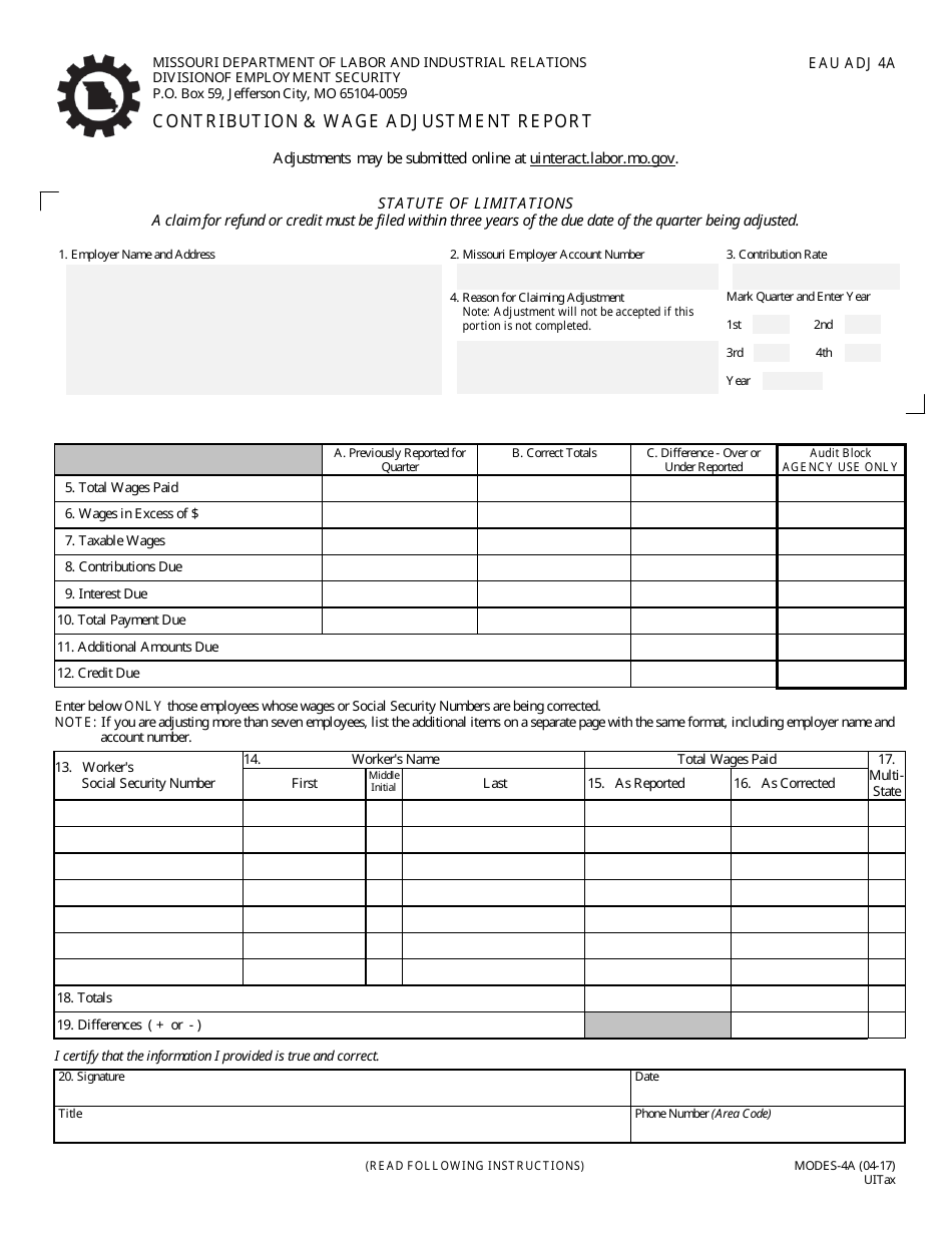 Form MODES-4A Contribution  Wage Adjustment Report - Missouri, Page 1