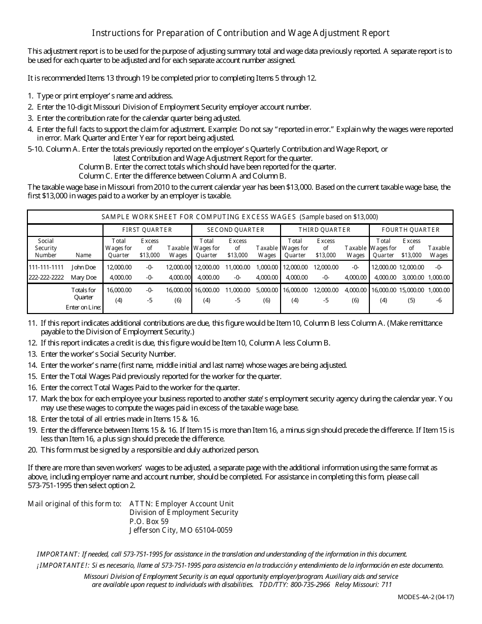 Form MODES-4A Contribution  Wage Adjustment Report - Missouri, Page 2