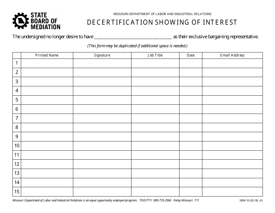 Form SBM-10 Decertification Showing of Interest - Missouri, Page 1