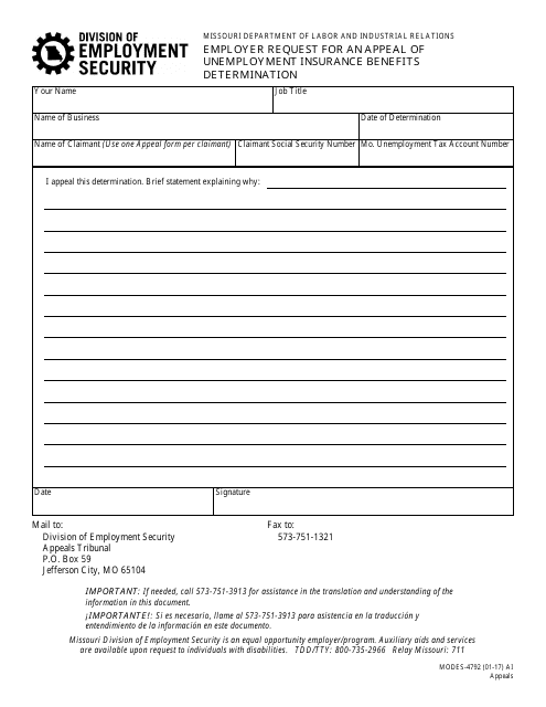 Form MODES-4792 Employer Request for an Appeal of Unemployment Insurance Benefits Determination - Missouri