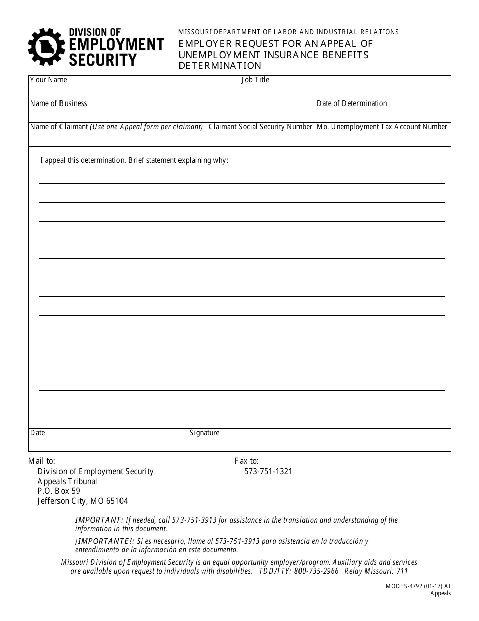 Form MODES-4792 Employer Request for an Appeal of Unemployment Insurance Benefits Determination - Missouri, Page 1