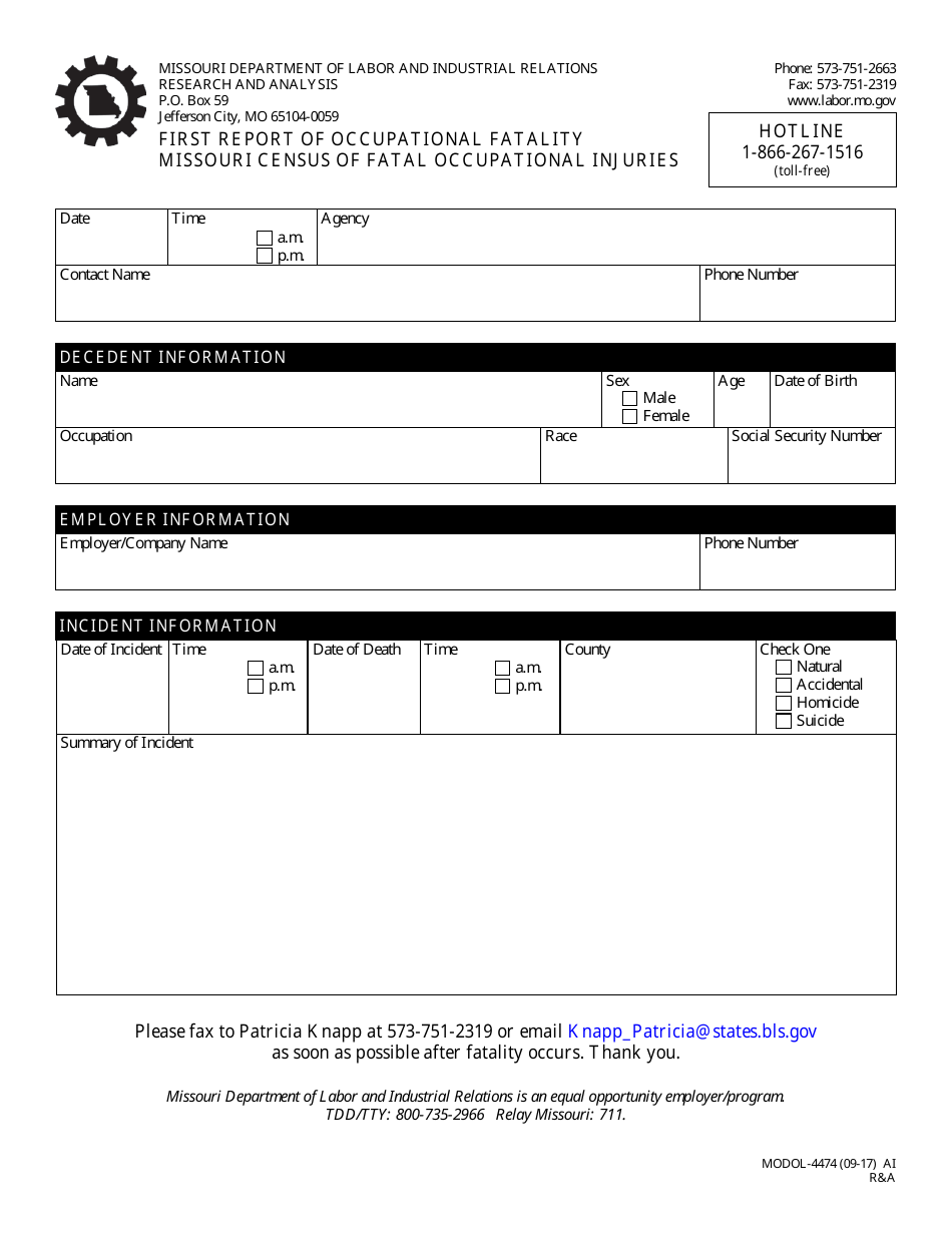 Form MODOL-4474 First Report of Occupational Fatality Missouri Census of Fatal Occupational Injuries - Missouri, Page 1