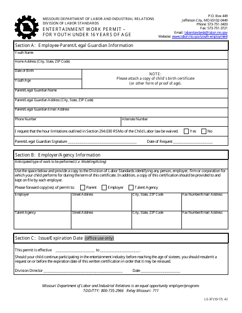Form LS-37 Entertainment Work Permit " for Youth Under 16 Years of Age - Missouri