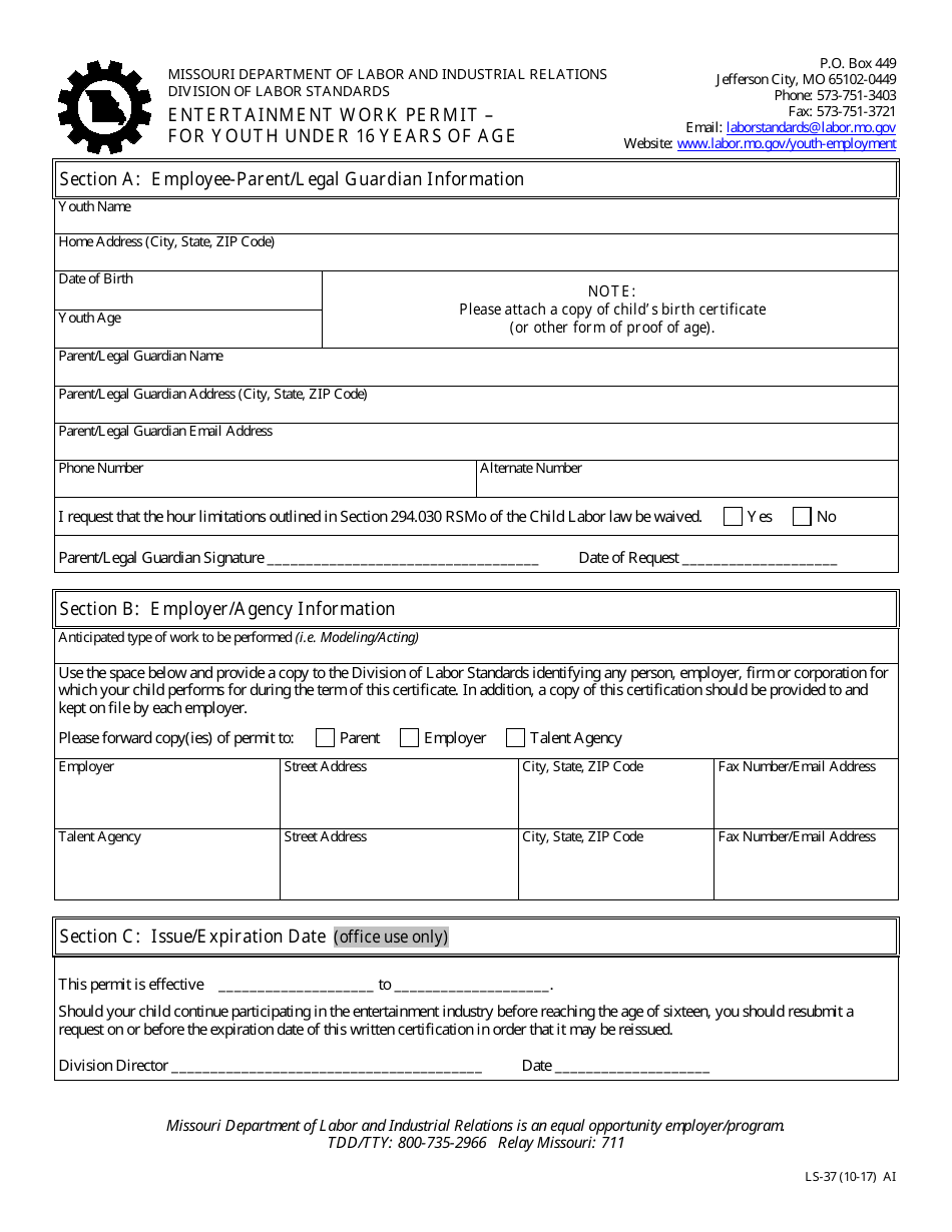 Form LS-37 Entertainment Work Permit  for Youth Under 16 Years of Age - Missouri, Page 1
