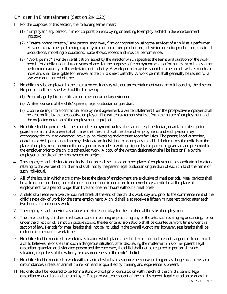 Form LS-37 Entertainment Work Permit  for Youth Under 16 Years of Age - Missouri, Page 2