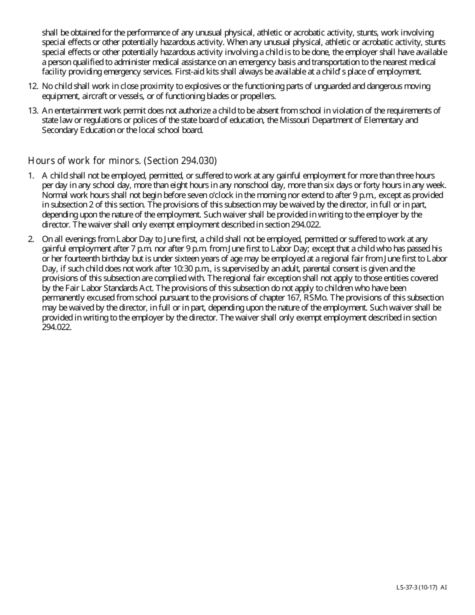 Form LS-37 Entertainment Work Permit  for Youth Under 16 Years of Age - Missouri, Page 3