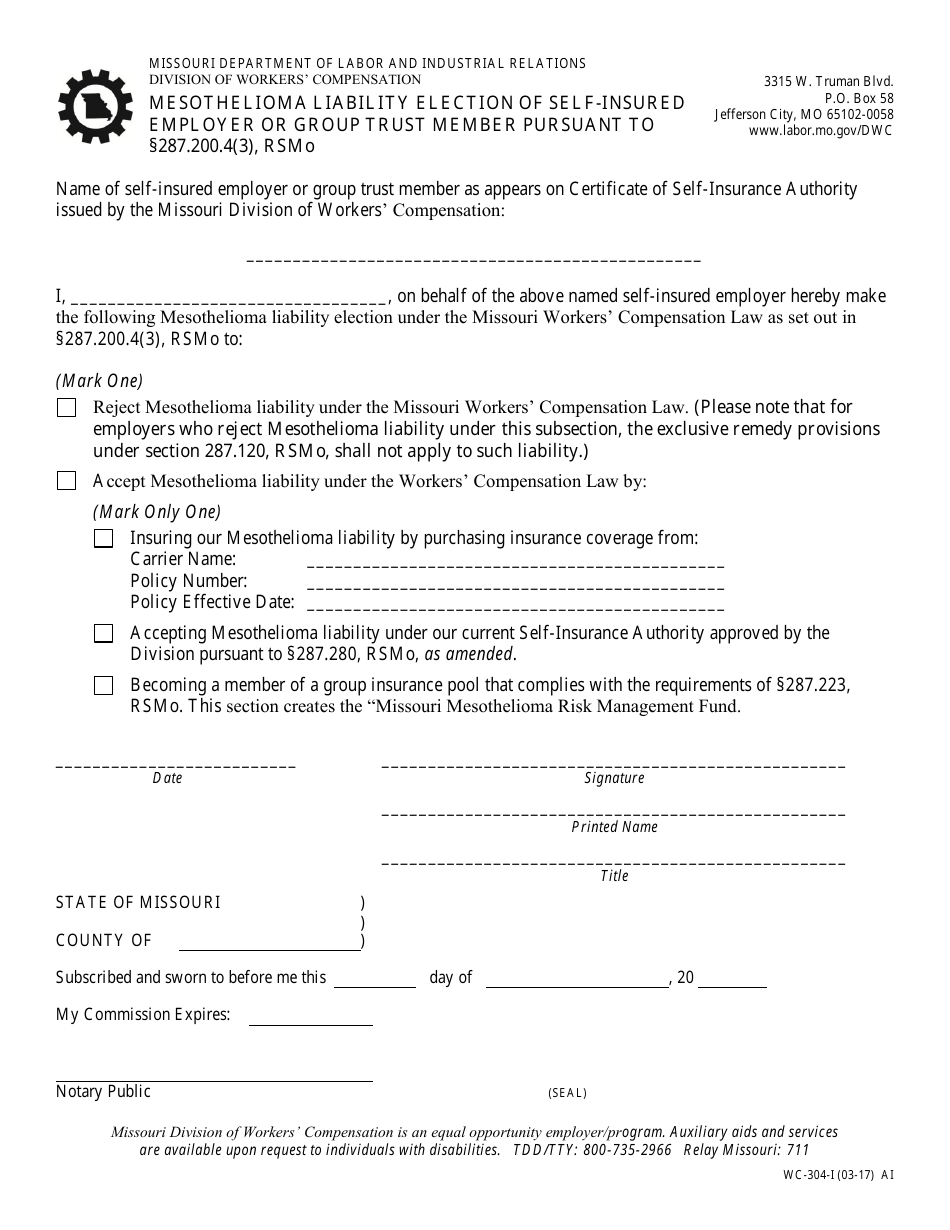 Form WC-304-I Mesothelioma Liability Election of Self-insured Employer or Group Trust Member Pursuant to 287.200.4(3), Rsmo - Missouri, Page 1