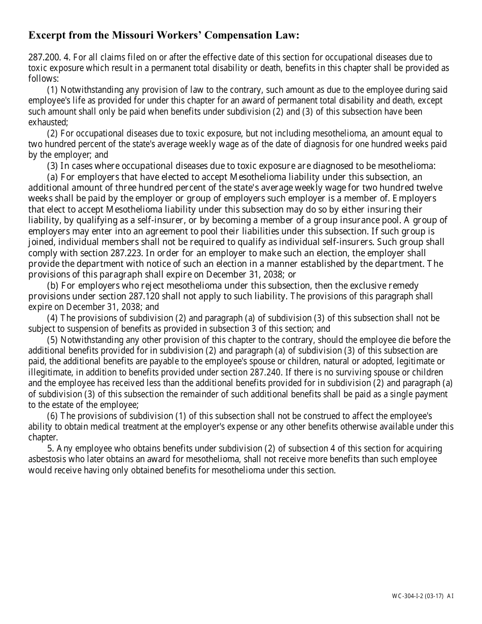 Form WC-304-I Mesothelioma Liability Election of Self-insured Employer or Group Trust Member Pursuant to 287.200.4(3), Rsmo - Missouri, Page 2