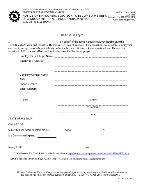 Form WC-304-G Notice of Employers Election to Become a Member of a Group Insurance Pool Pursuant to 287.200.4(3)(A), Rsmo - Missouri