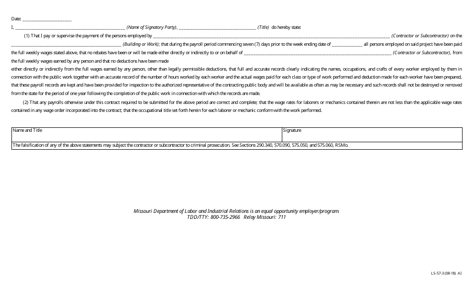 Form LS-57 Contractor Payroll Records - Missouri, Page 3