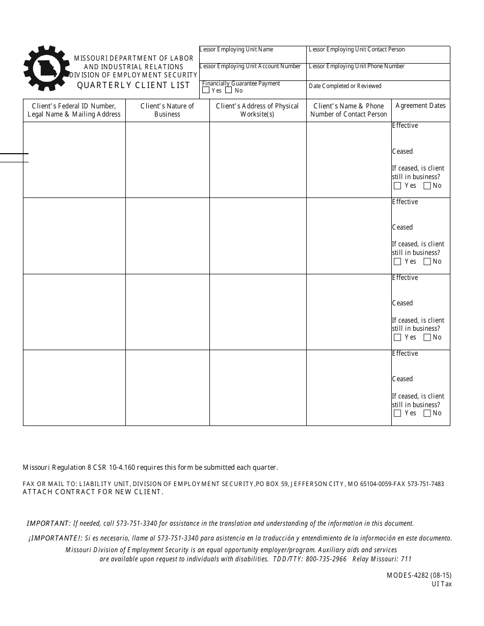 Form MODES-4282 Quarterly Client List - Missouri, Page 1