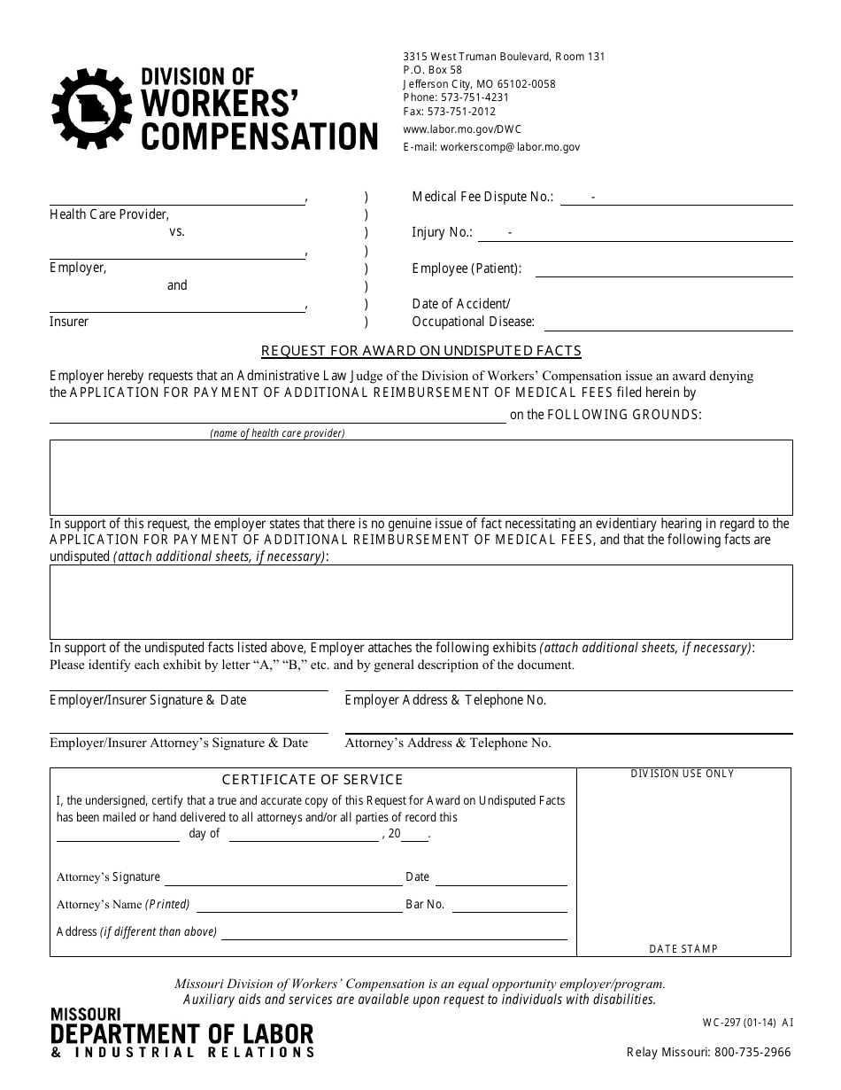 Form WC-297 Request for Award on Undisputed Facts - Missouri, Page 1