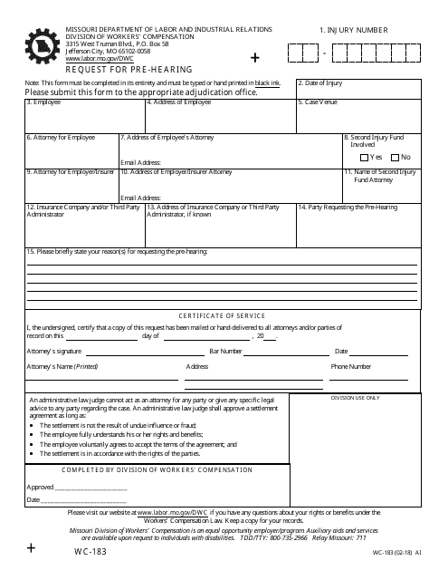 Form WC-183 Request for Pre-hearing - Missouri