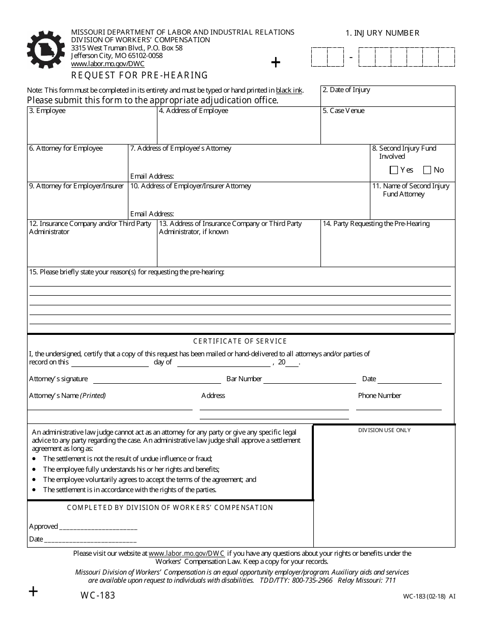Form WC-183 Request for Pre-hearing - Missouri, Page 1
