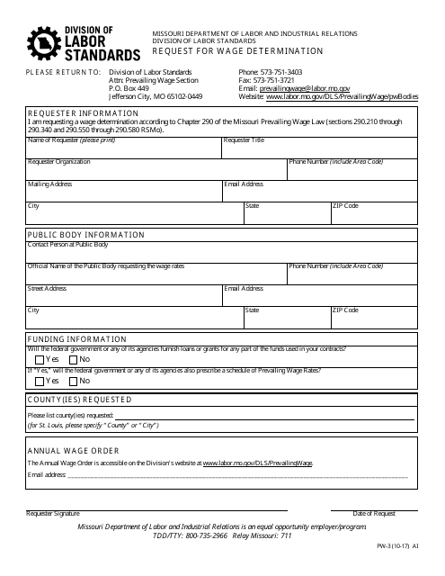 Form PW-3 Request for Wage Determination - Missouri