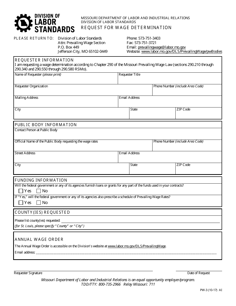 Form PW-3 Request for Wage Determination - Missouri, Page 1