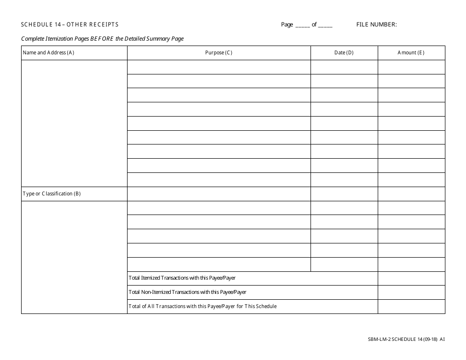 Form SBM-LM-2 Schedule 14 Other Receipts - Missouri, Page 1