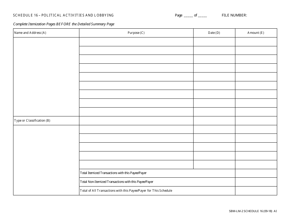 Form SBM-LM-2 Schedule 16 Political Activities and Lobbying - Missouri, Page 1