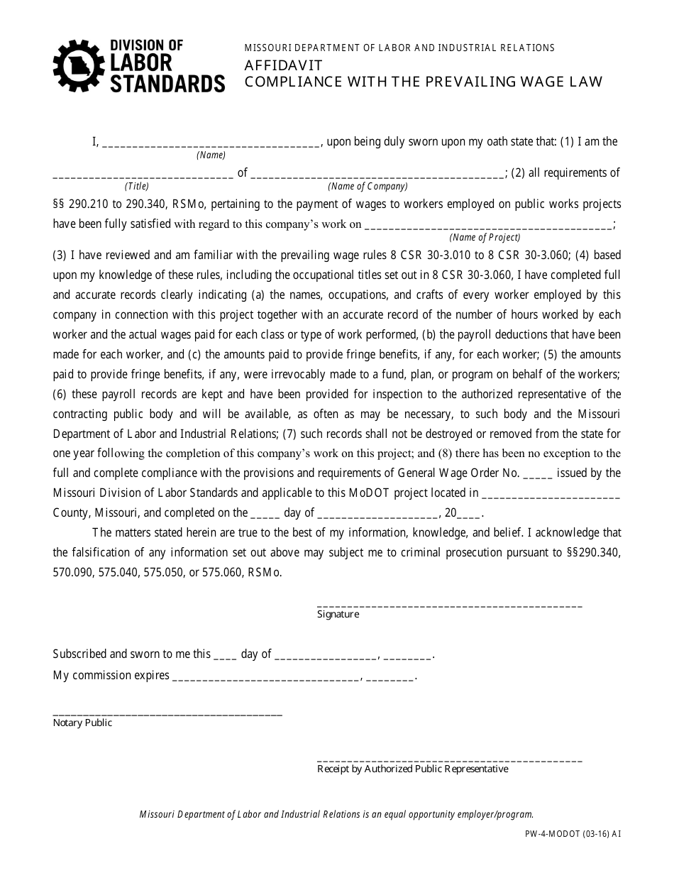 Form PW-4-MODOT Affidavit Compliance With the Prevailing Wage Law - Missouri, Page 1