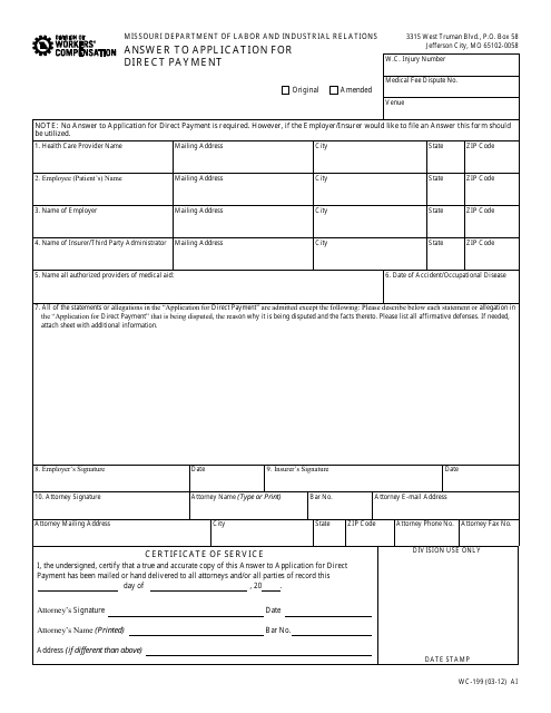 Form WC-199 Answer to Application for Direct Payment - Missouri