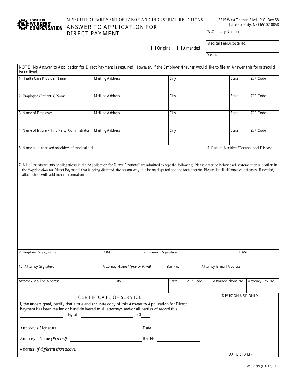 Form WC-199 Answer to Application for Direct Payment - Missouri, Page 1