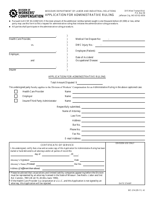 Form WC-214 Application for Administrative Ruling - Missouri