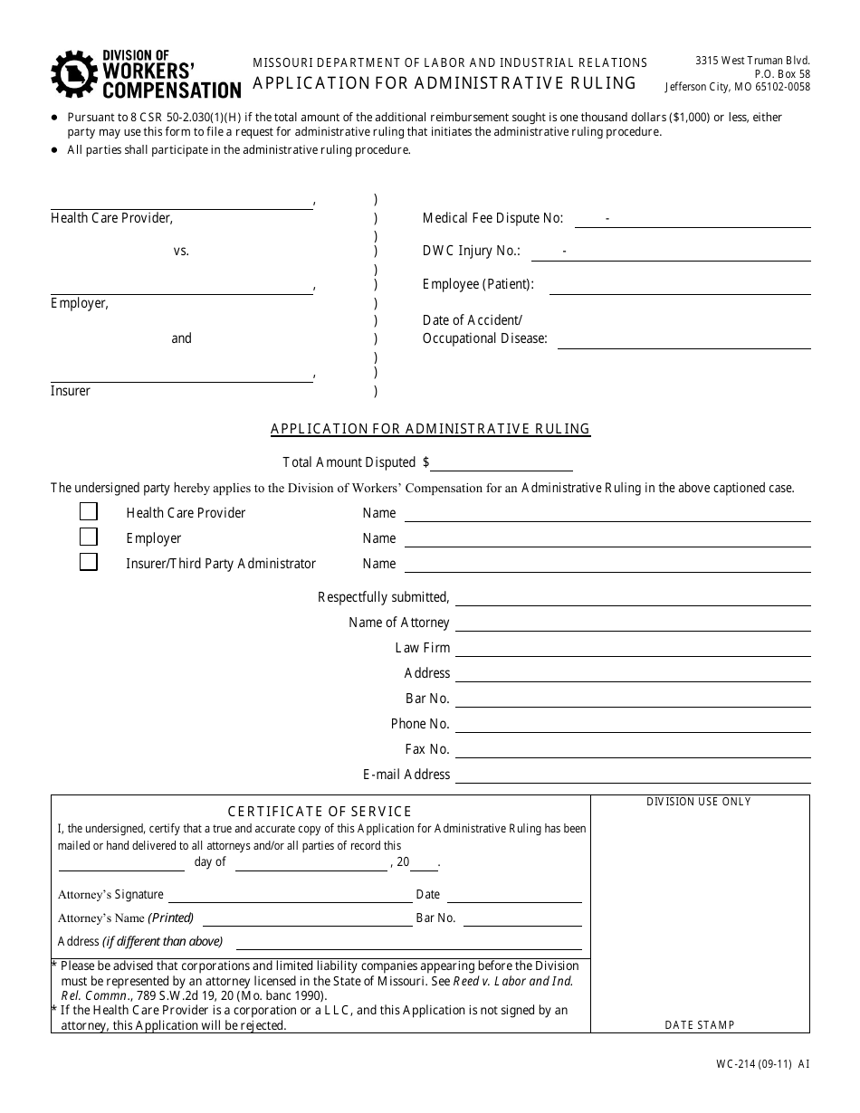 Form WC-214 Application for Administrative Ruling - Missouri, Page 1