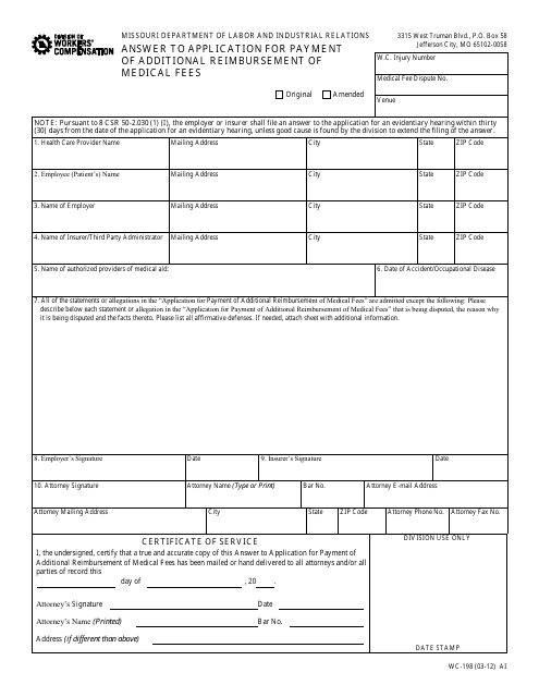 Form WC-198 Answer to Application for Payment of Additional Reimbursement of Medical Fees - Missouri