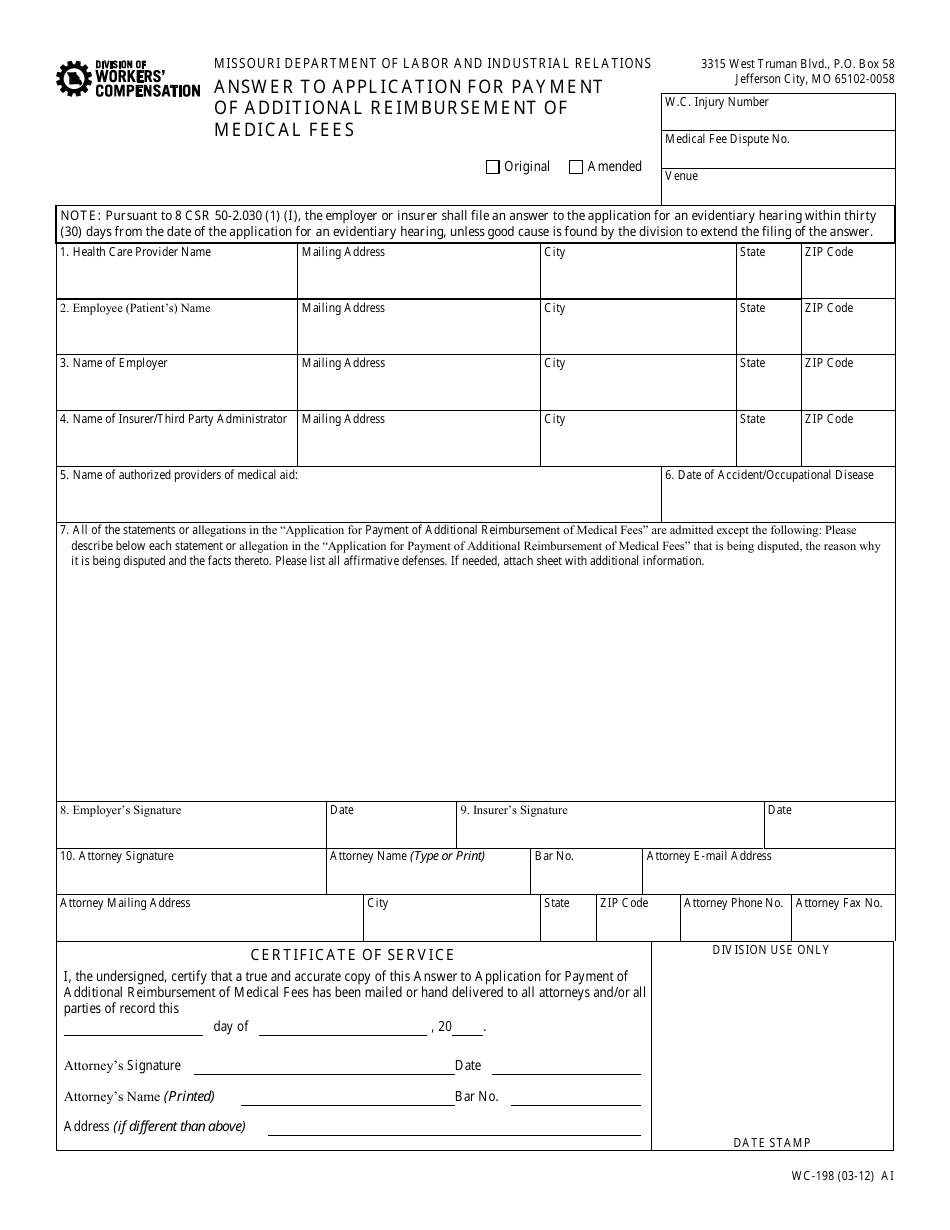 Form WC-198 Answer to Application for Payment of Additional Reimbursement of Medical Fees - Missouri, Page 1