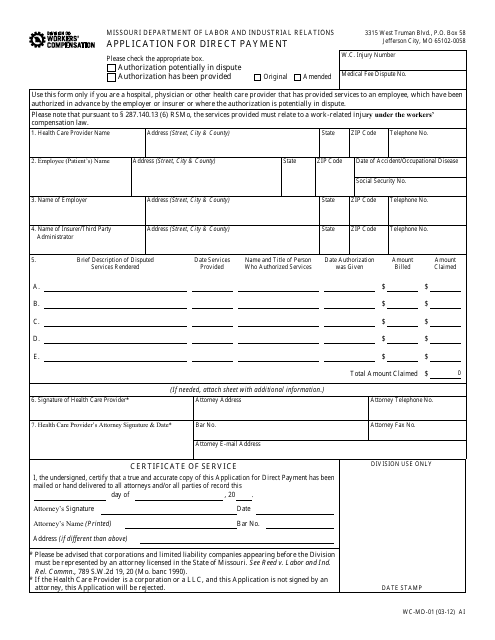 Form WC-MD-01 Application for Direct Payment - Missouri