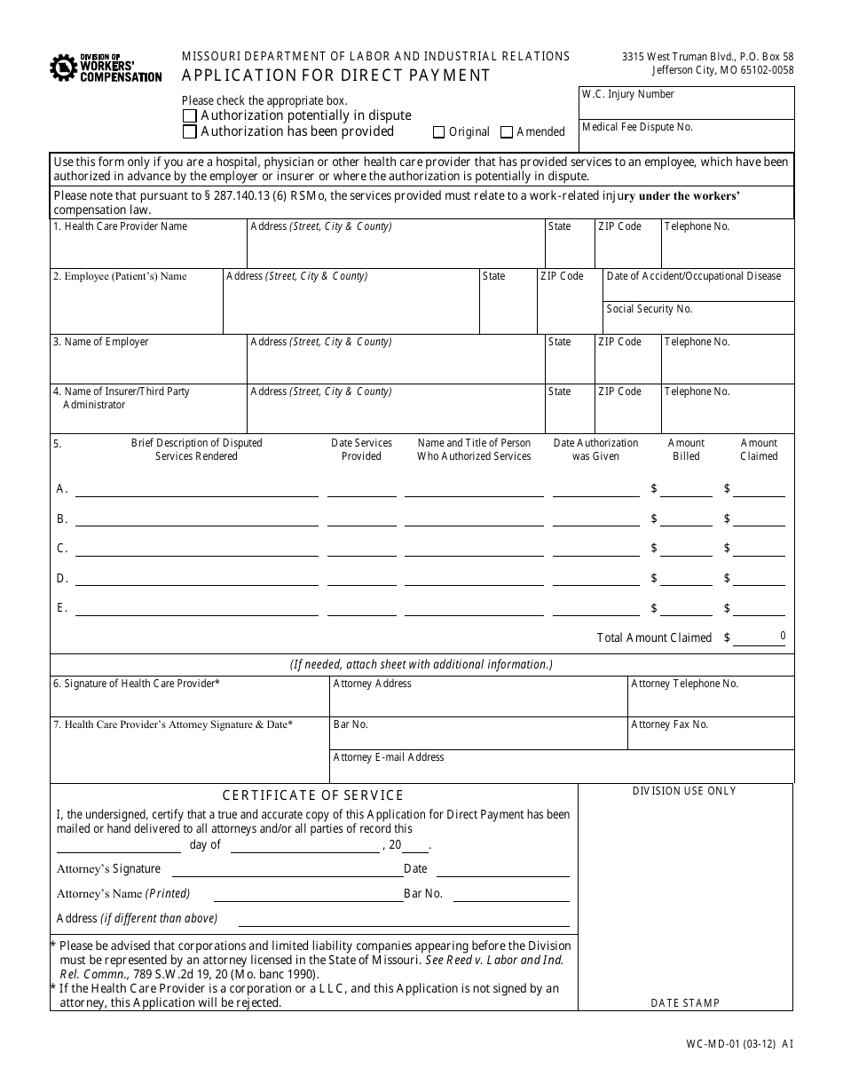 Form WC-MD-01 Application for Direct Payment - Missouri, Page 1