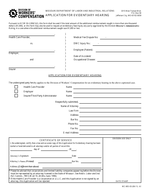 Form WC-MD-03 Application for Evidentiary Hearing - Missouri