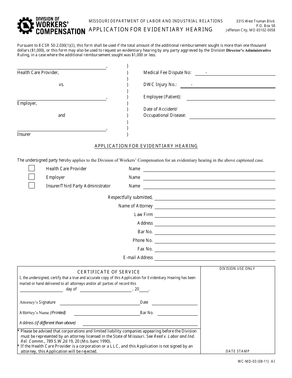 Form WC-MD-03 Application for Evidentiary Hearing - Missouri, Page 1