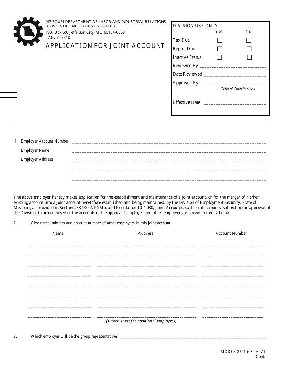 Form MODES-2241 Application for Joint Account - Missouri, Page 1