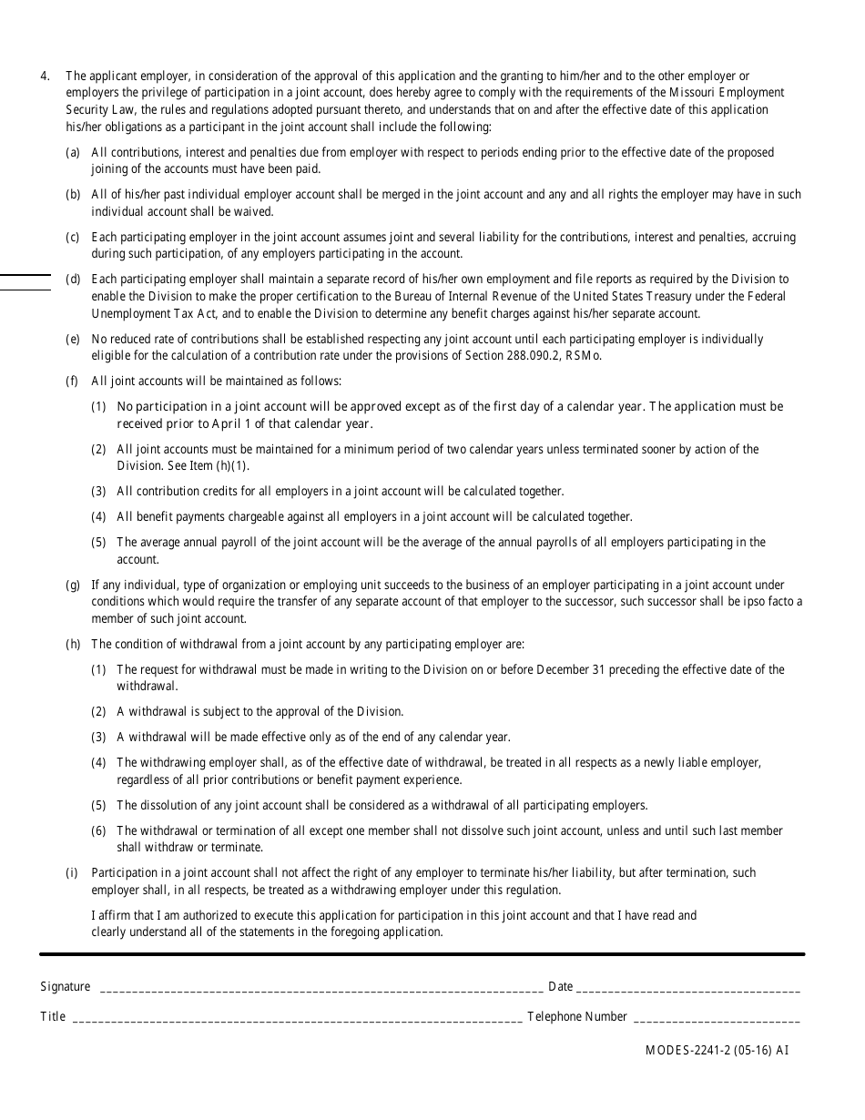 Form MODES-2241 Application for Joint Account - Missouri, Page 2