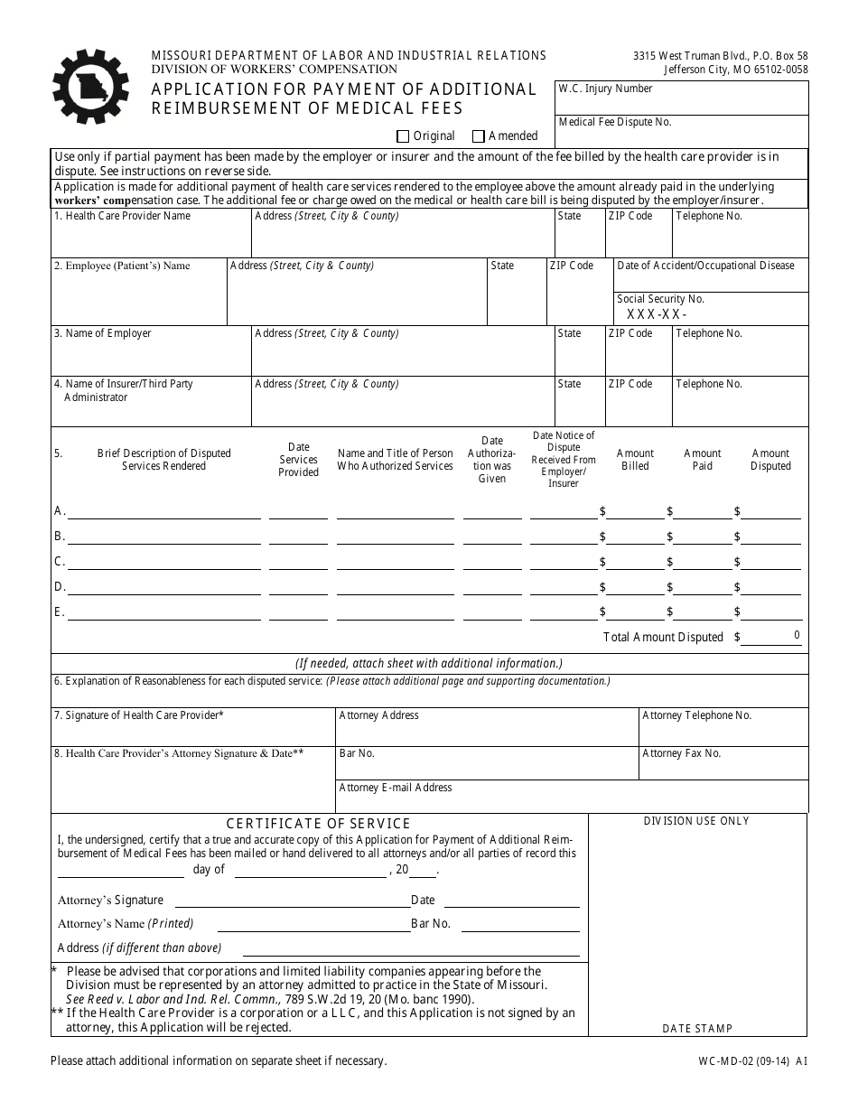 Form WC-MD-02 Application for Payment of Additional Reimbursement of Medical Fees - Missouri, Page 1