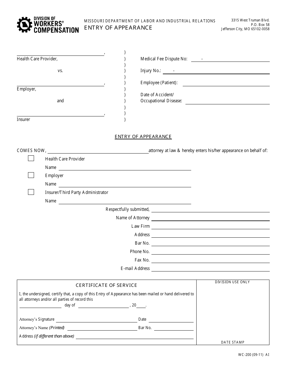 Form WC-200 Entry of Appearance - Missouri, Page 1