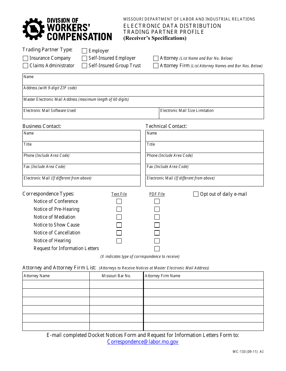 Form WC-133 Electronic Data Distribution Trading Partner Profile (Receivers Specifications) - Missouri, Page 1