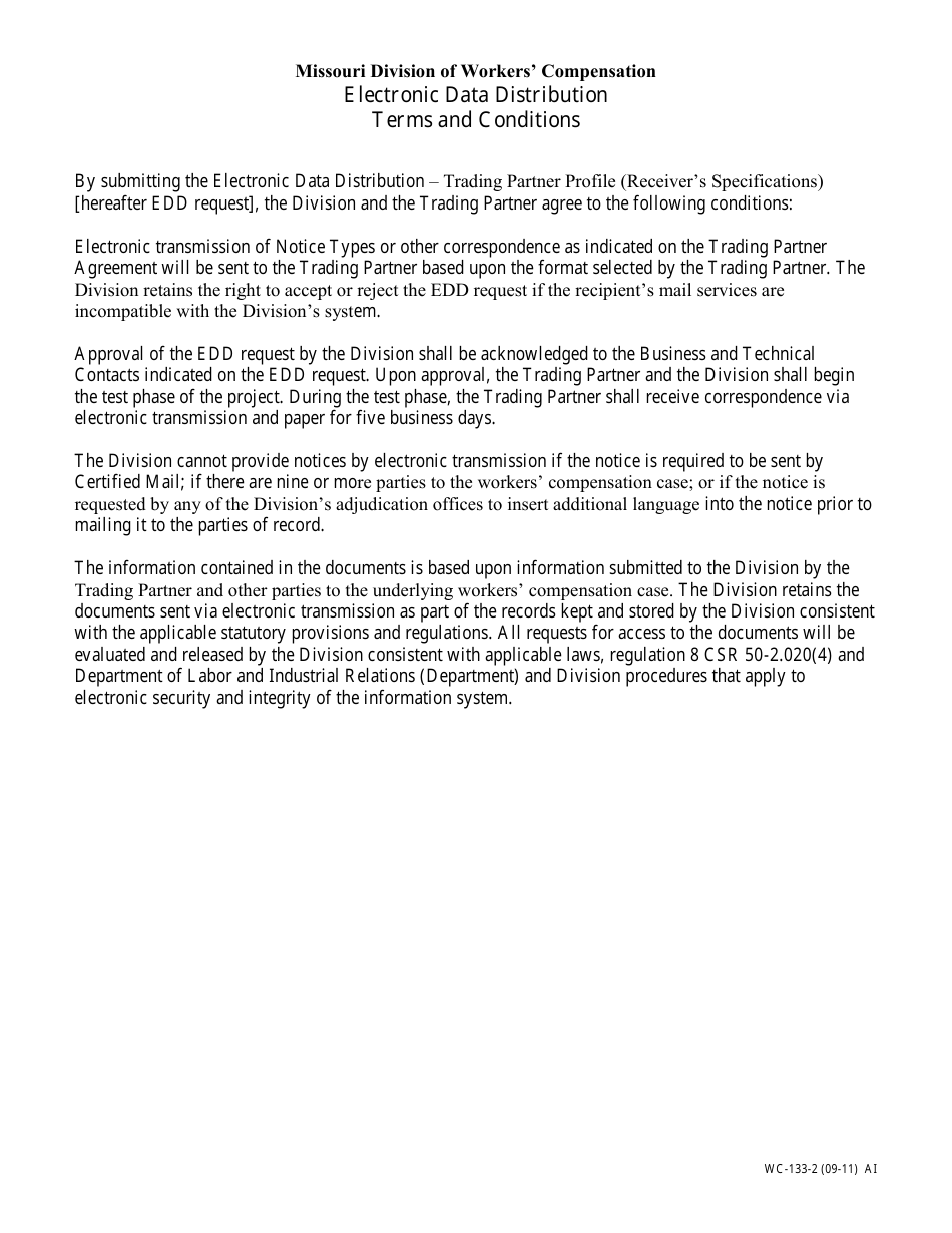 Form WC-133 Electronic Data Distribution Trading Partner Profile (Receivers Specifications) - Missouri, Page 2
