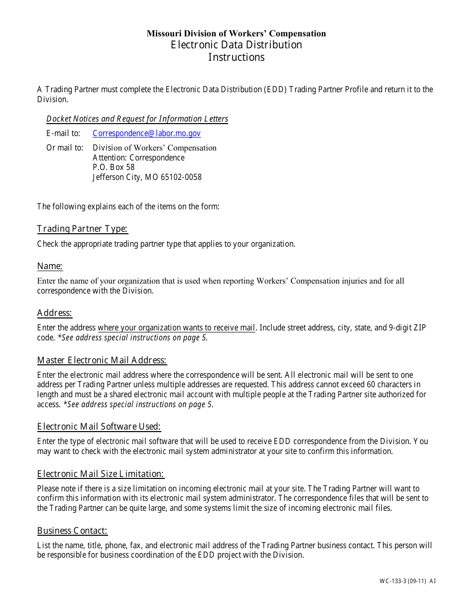 Form WC-133 Electronic Data Distribution Trading Partner Profile (Receivers Specifications) - Missouri, Page 3