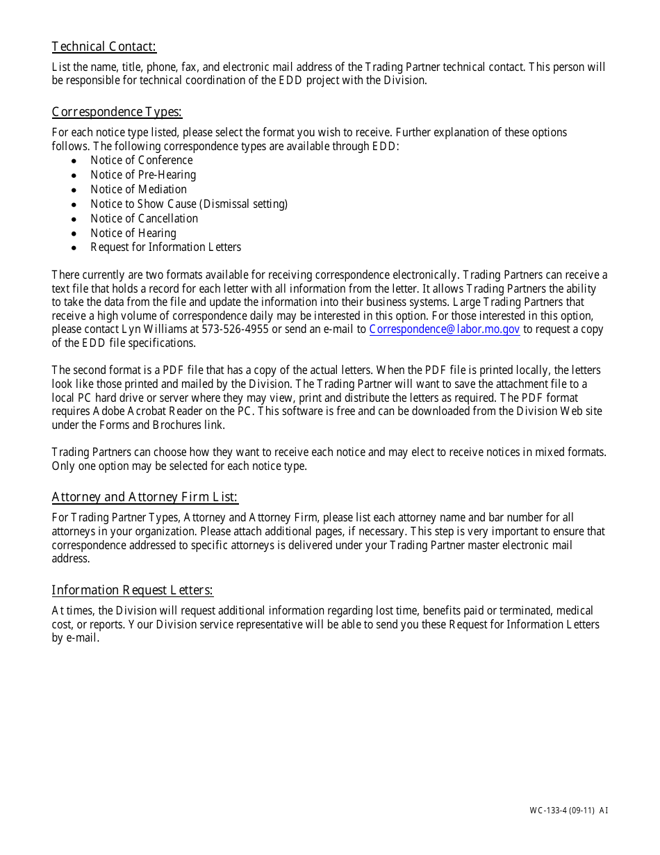 Form WC-133 Electronic Data Distribution Trading Partner Profile (Receivers Specifications) - Missouri, Page 4