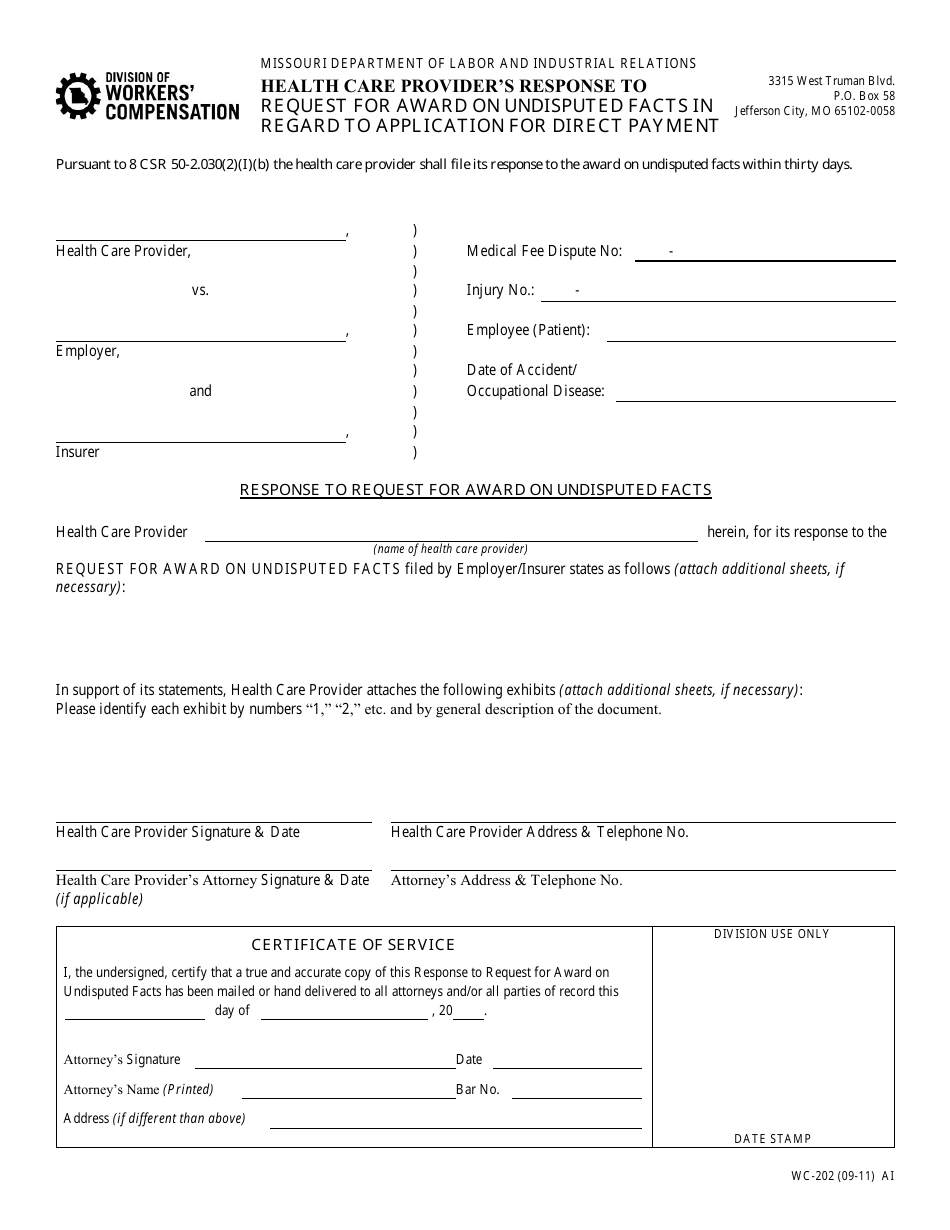 Form WC-202 Health Care Provider's Response to Request for Award on Undisputed Facts in Regard to Application for Direct Payment - Missouri, Page 1