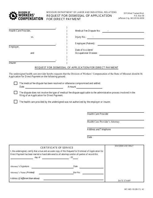Form WC-MD-10 Request for Dismissal of Application for Direct Payment - Missouri