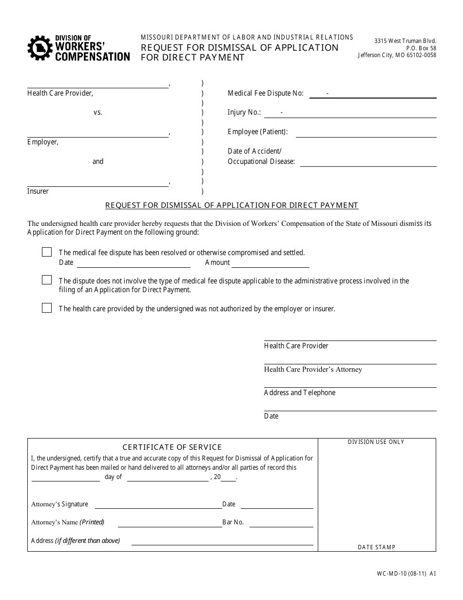 Form WC-MD-10 Request for Dismissal of Application for Direct Payment - Missouri, Page 1