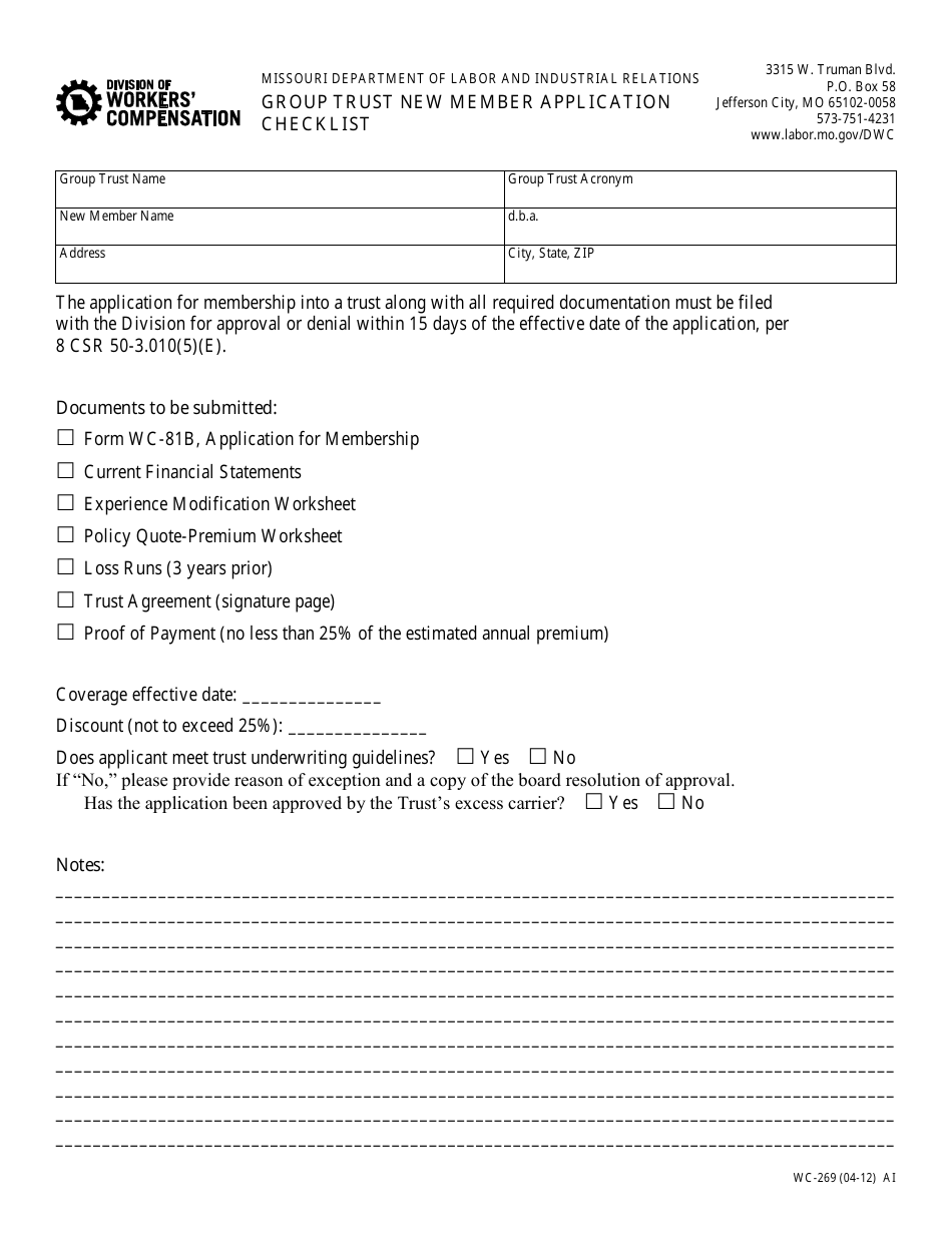 Form WC-269 Group Trust New Member Application Checklist - Missouri, Page 1