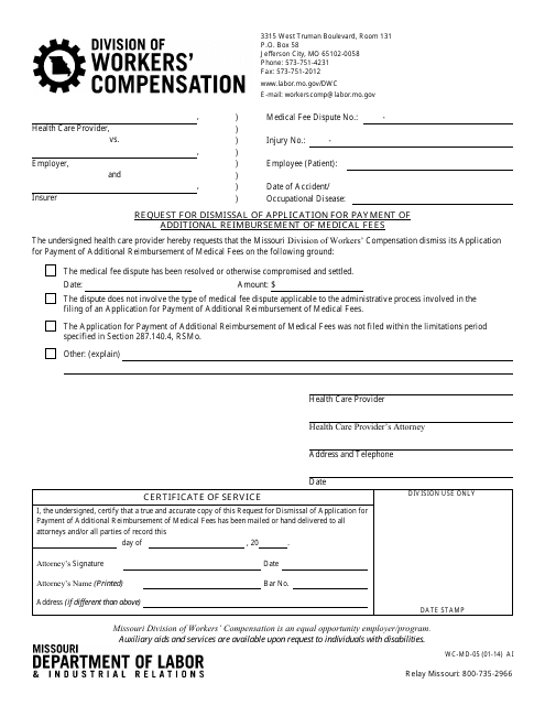 Form WC-MD-05 Request for Dismissal of Application for Payment of Additional Reimbursement of Medical Fees - Missouri