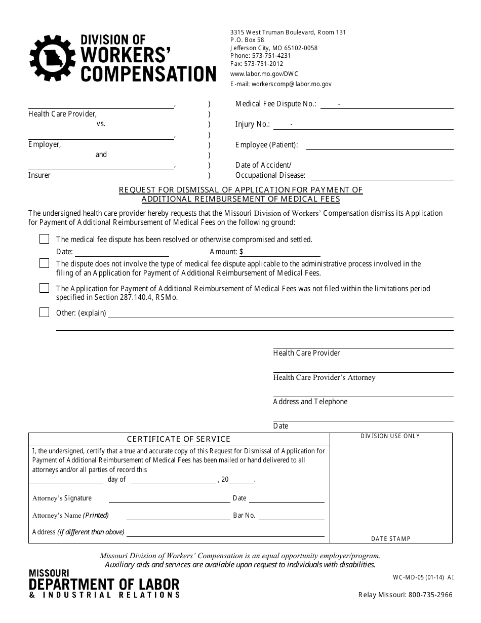Form WC-MD-05 Request for Dismissal of Application for Payment of Additional Reimbursement of Medical Fees - Missouri, Page 1