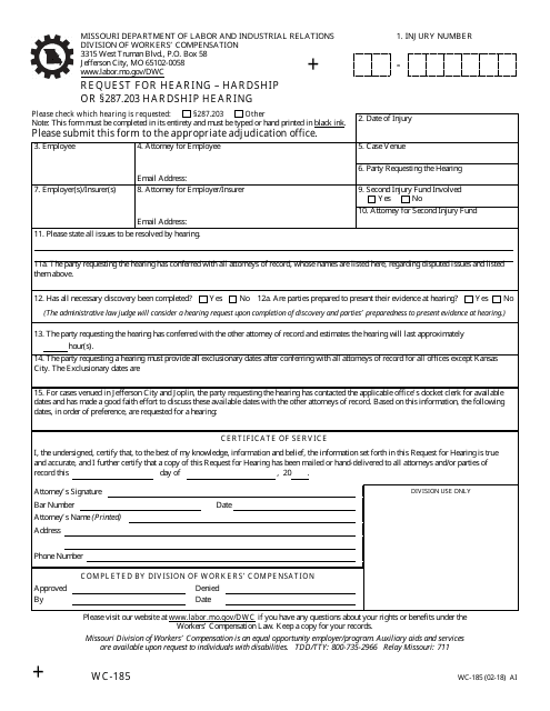 Form WC-185 Request for Hearing-Hardship or Section 287.203 Rsmo Hardship Hearing - Missouri